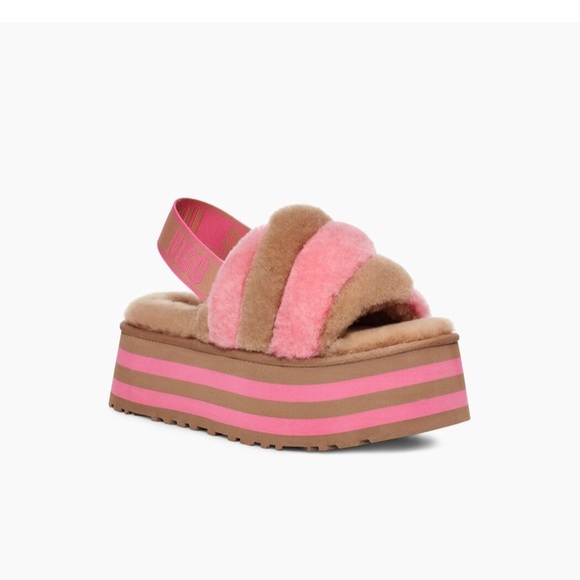 UGG NIB AUTHENTIC DISCO STRIPE CHESTNUT/PINK ROSE COMBO SLIDE SLIPPERS. - Picture 5 of 16